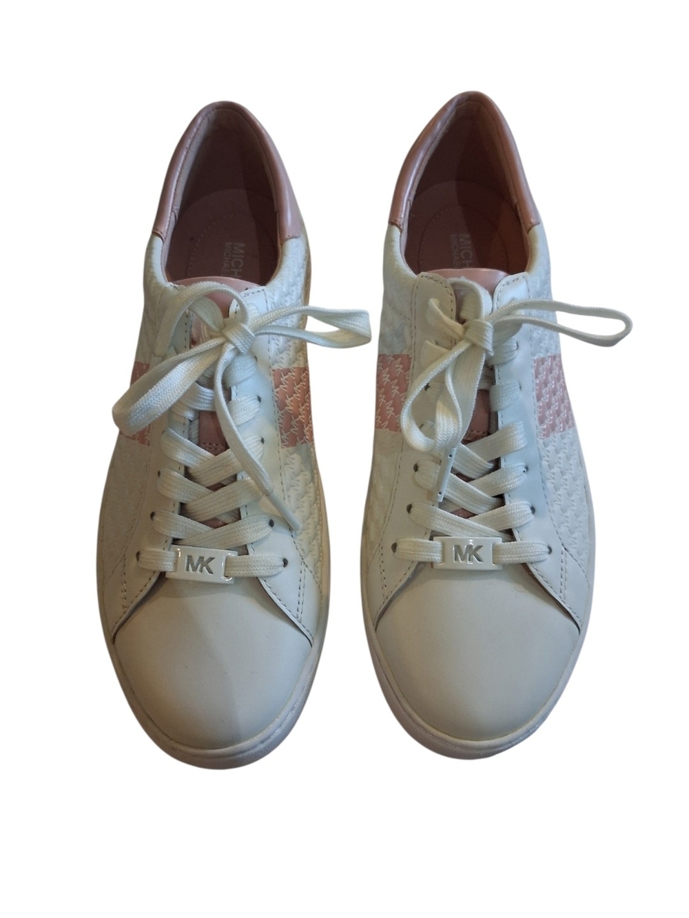 Michael Kors White & Pink MK Monogram Lace-Up Sneakers